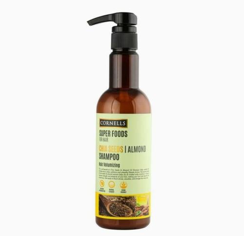 شامبو بذور الشيا وزيت اللوز لشعر اكثر غزارة خالي من السلفات والبرابين، من كورنيلز _ 500 مل   Cornells super foods