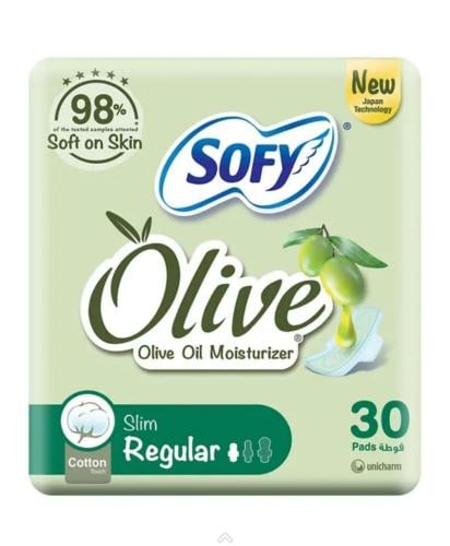 سوفي فوط صحية بزيت الزيتون المرطب  بالحجم العادي بالإجنحة _ 30 فوطة.   Sofy