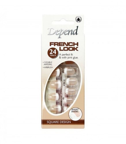 طقم أظافر صناعية فرينش لوك مع لاصق زهري مكون من 24 قطعة من ديبند 6301 بني وأبيض. Depend
