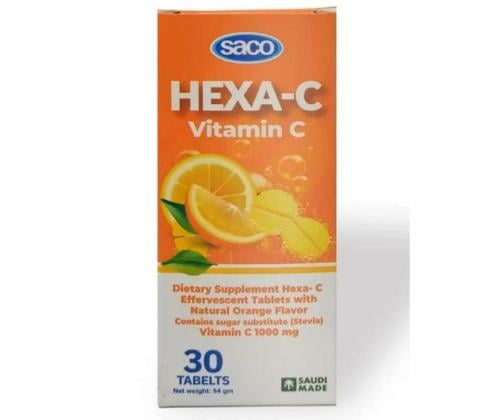 ساكو مكمل غذائي هكسا _ سي فيتامين سي ( حمض الأسكوربيك ) 500 ملغ أقراص فوارة بنكهة البرتقال الطبيعية يحتوي على بدائل السكر  يساهم في. الحفاظ على الوظيفة _ 30 قرص فوار.  Saco HEXA-C 30tabelt