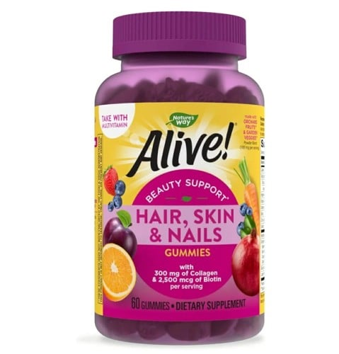 نيتشرز واي على قيد الحياة! اقراص مضغ للشعر والبشرة والاظافر، كولاجين وبيوتين، فيتامينات سي واي المضادة للاكسدة، بنكهة الفراولة، 60 قرص مضغ