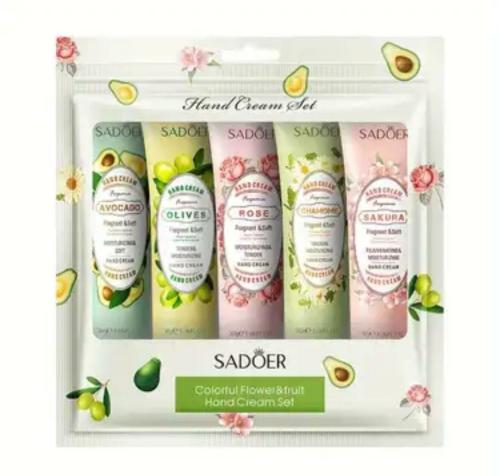 مجموعة سادوير فوريت سلسلة كريم اليد بور ليه ماينز الأفوكادو الورد البابونج استخراج جوهر ساكورا للعناية بالبشرة الجافة _ 30 جرام في 5 قطع   Sadoer