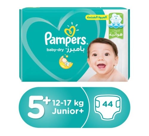 حفاضة بامبرز بيبي دراي مع لوشن الصبار، مقاس 5+، 12-17 كجم _  44 حفاضة   pampers
