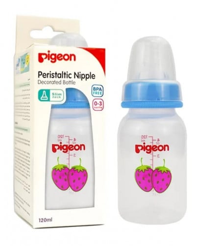 رضاعة بلاستيك  بيريستالتيك نيبل برقبة رفيعة من بيجون 120مل ازرق /pigeon