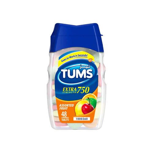 تمز اقراص مضغ للحموضة بنكهة الفواكه مضاعف القوة 750 مجم  _ 48 قرص.  Tums