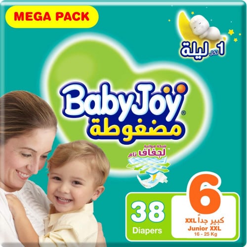 Baby joy حفائض أطفال الحشوة الماسية المضغوطة ، مقاس 6 ، كبير جداً  XXL  _  العبوة الضخمة  + 16 كيلو من بيبي جوي _ 38 حفاض