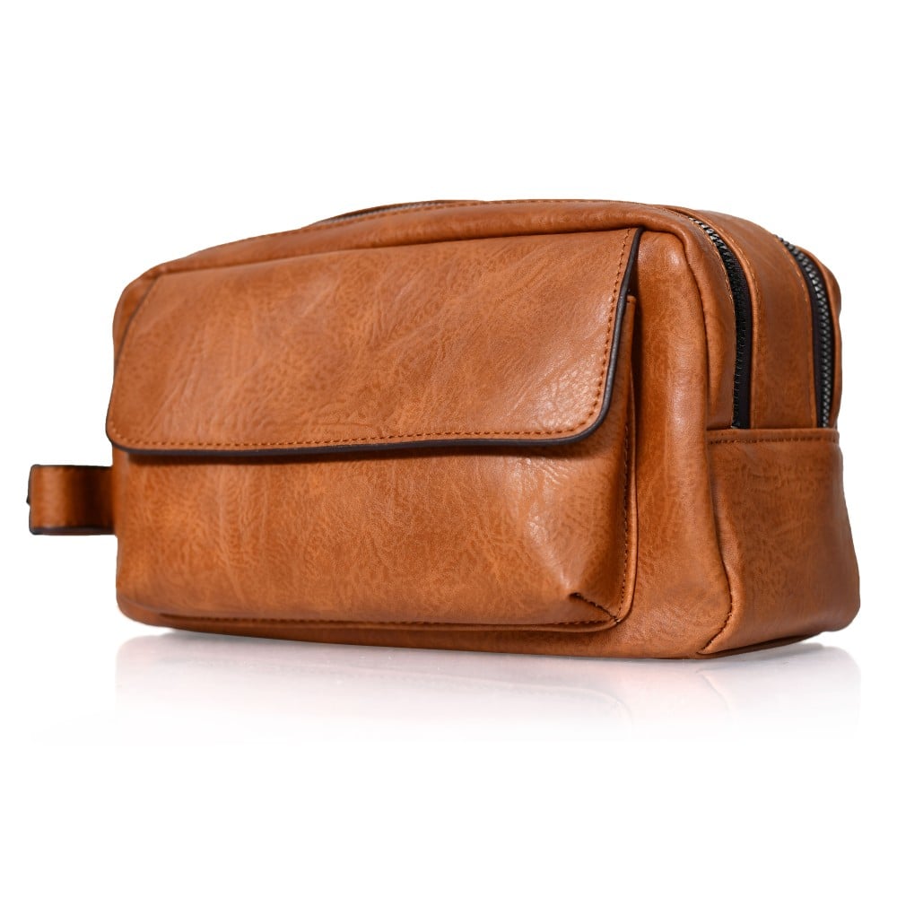 شنطة يد جلد بمقبض معصم مع فتحة داخلية للنقود والبطاقات و الاكسسورات بني فاتح