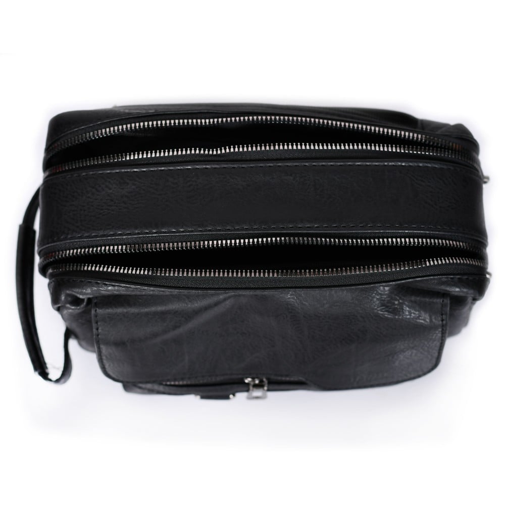 شنطة يد جلد بمقبض معصم مع فتحة داخلية للنقود والبطاقات و الاكسسورات أسود