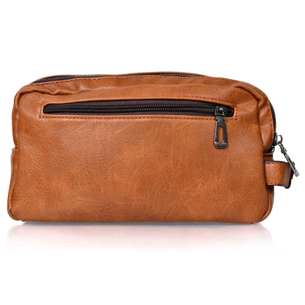 شنطة يد جلد بمقبض معصم مع فتحة داخلية للنقود والبطاقات و الاكسسورات بني فاتح