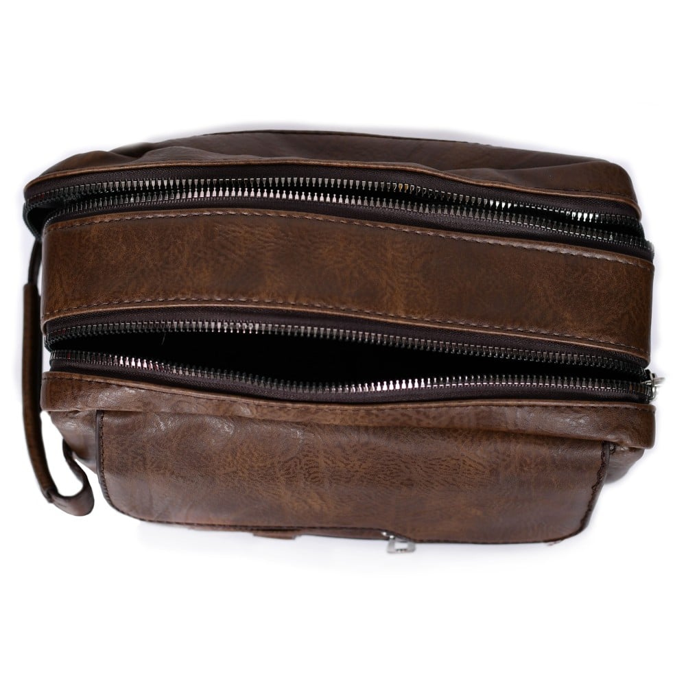 شنطة يد جلد بمقبض معصم مع فتحة داخلية للنقود والبطاقات و الاكسسورات بني