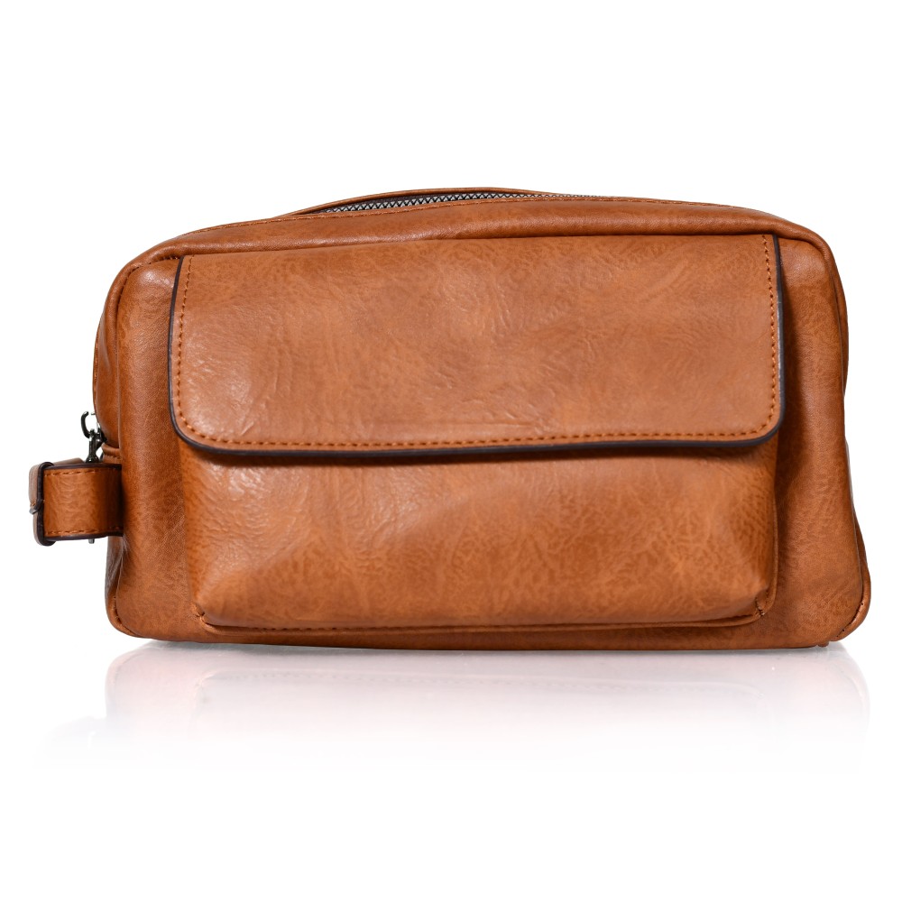 شنطة يد جلد بمقبض معصم مع فتحة داخلية للنقود والبطاقات و الاكسسورات بني فاتح