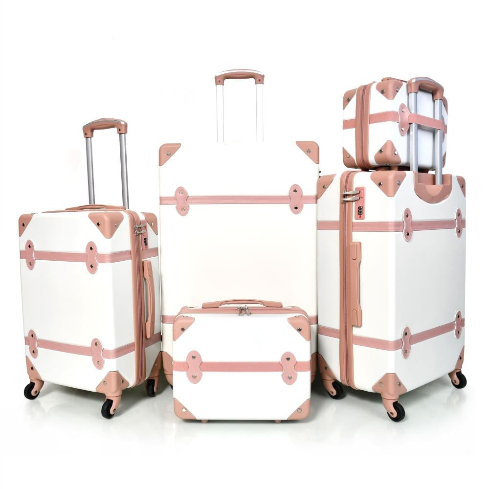 مورانو طقم شنط سفر كلاسيك من 5 قطع فايبر و جلد اوبيض و وردي