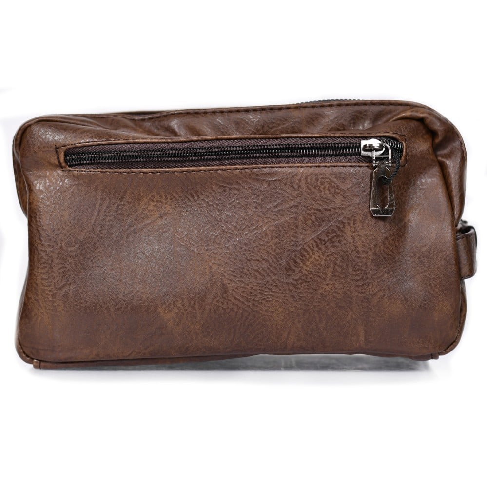 شنطة يد جلد بمقبض معصم مع فتحة داخلية للنقود والبطاقات و الاكسسورات بني