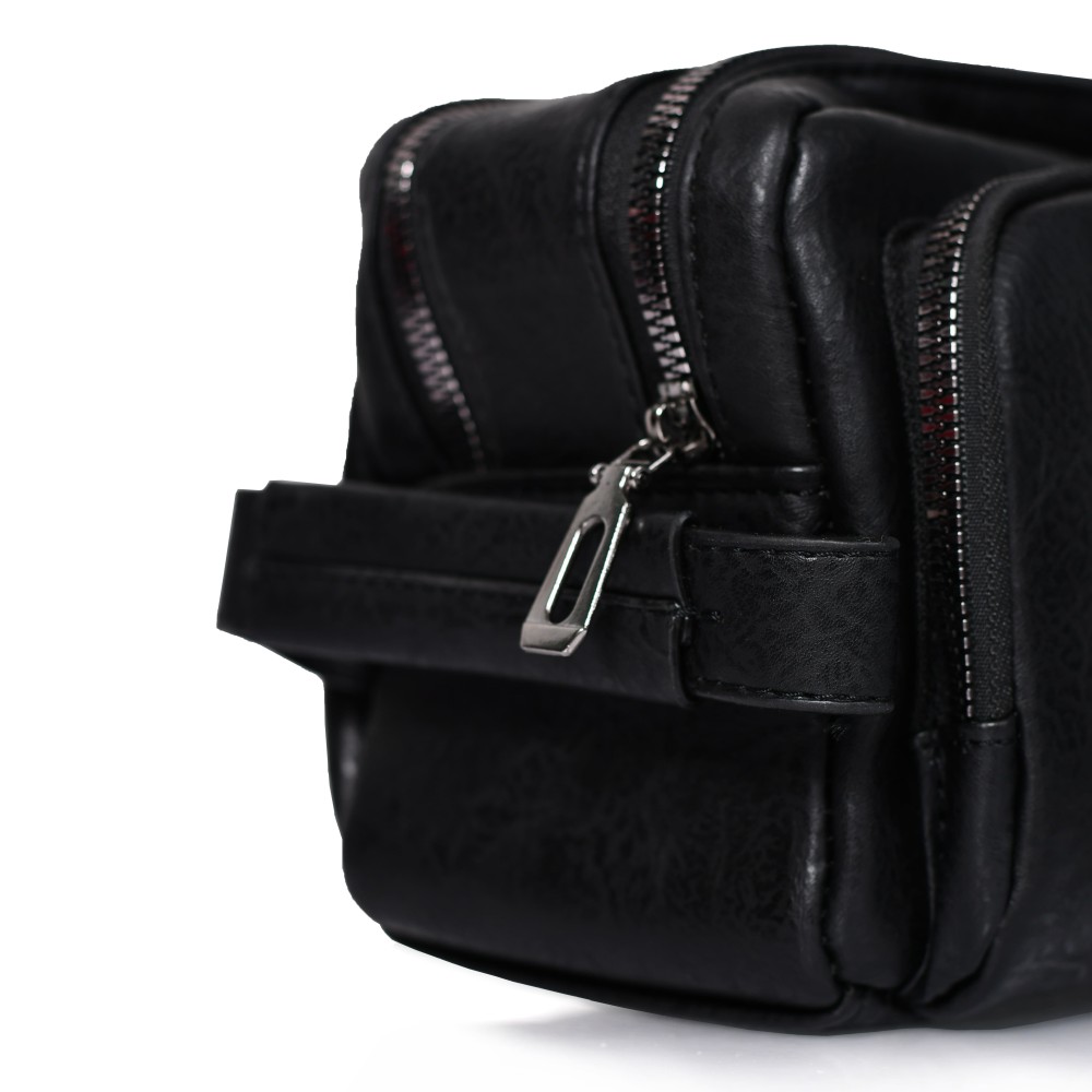شنطة يد جلد بمقبض معصم مع فتحة داخلية للنقود والبطاقات و الاكسسورات أسود