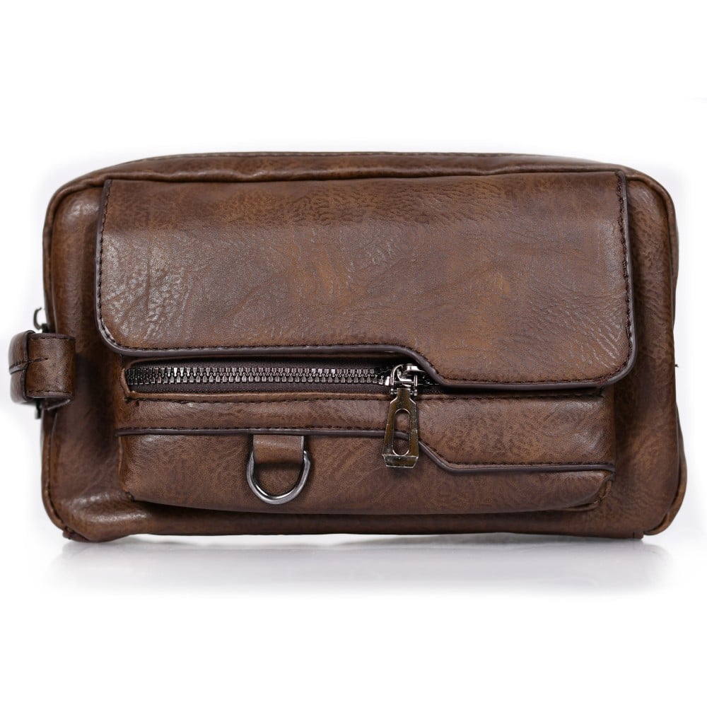 شنطة يد جلد بمقبض معصم مع فتحة داخلية للنقود والبطاقات و الاكسسورات بني