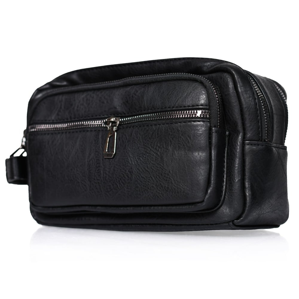 شنطة يد جلد بمقبض معصم مع فتحة داخلية للنقود والبطاقات و الاكسسورات أسود