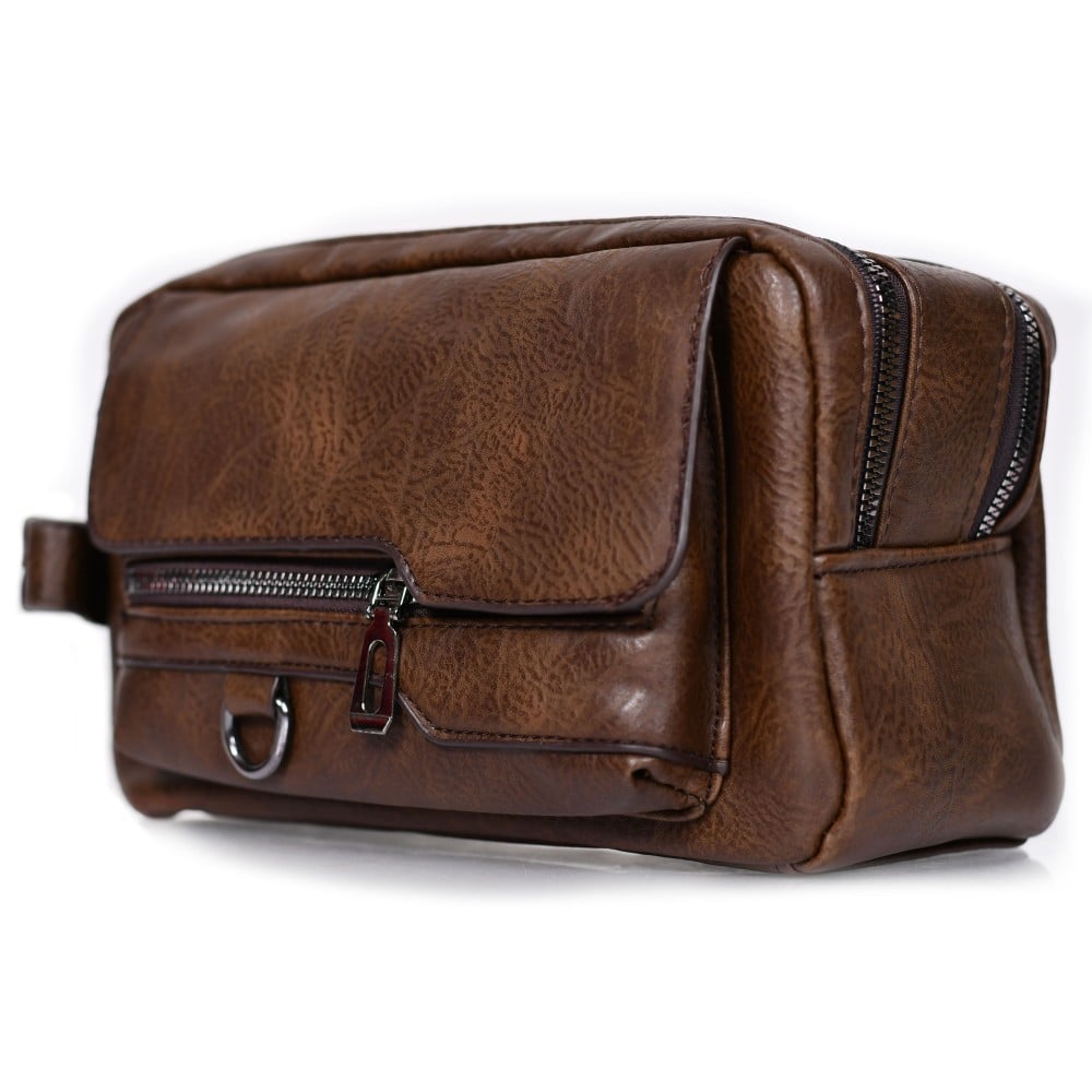 شنطة يد جلد بمقبض معصم مع فتحة داخلية للنقود والبطاقات و الاكسسورات بني