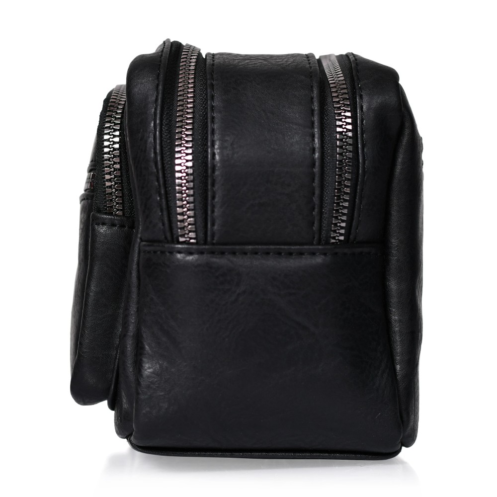 شنطة يد جلد بمقبض معصم مع فتحة داخلية للنقود والبطاقات و الاكسسورات أسود