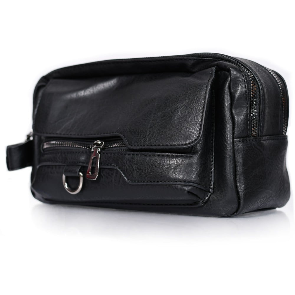 شنطة يد جلد بمقبض معصم مع فتحة داخلية للنقود والبطاقات و الاكسسورات أسود