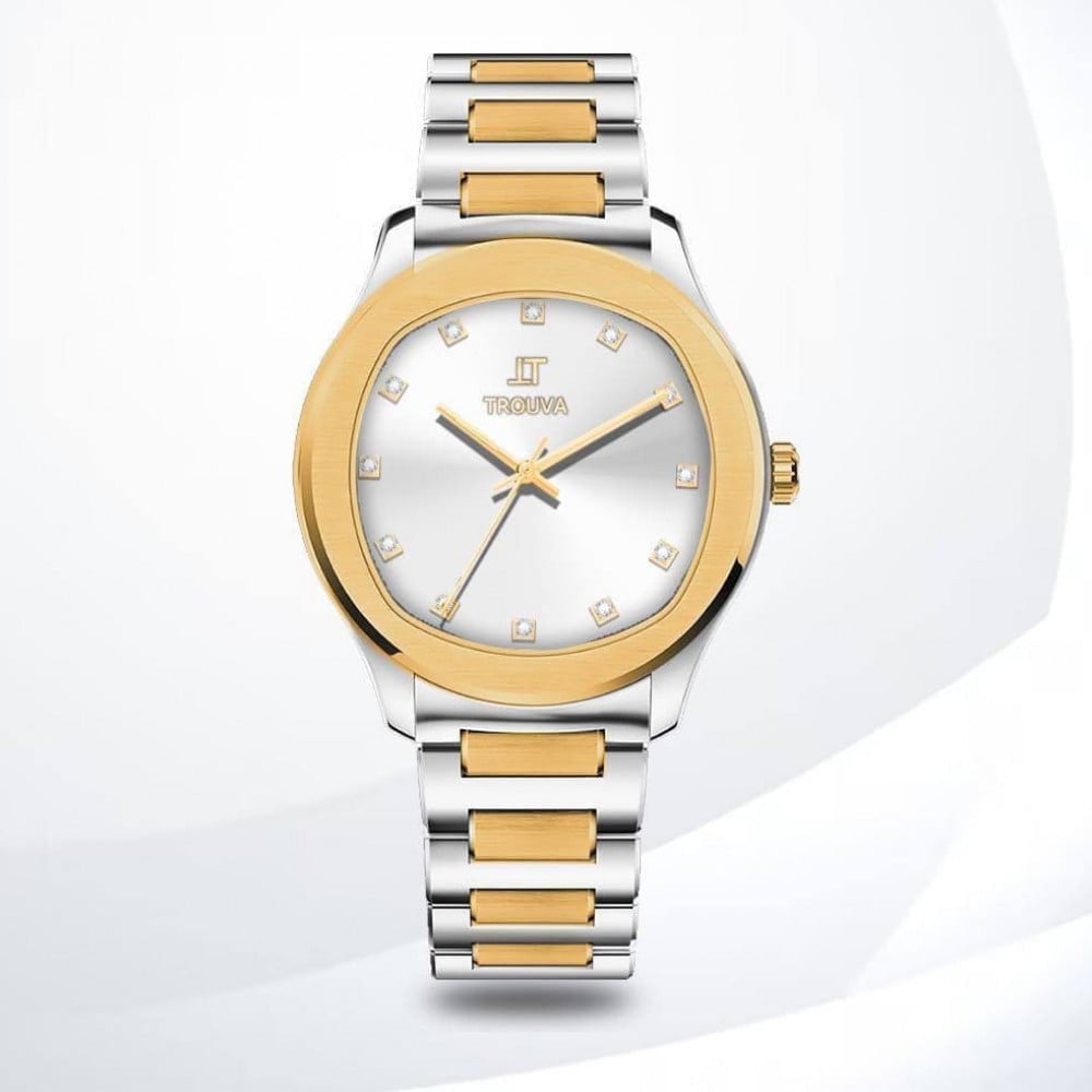 TROUVA men s watch made of silver and gold steel with a white