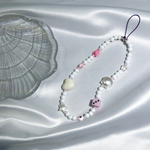 سلسلة جوال خرزات أبيض ووردي | Phone strap with white and pink beads