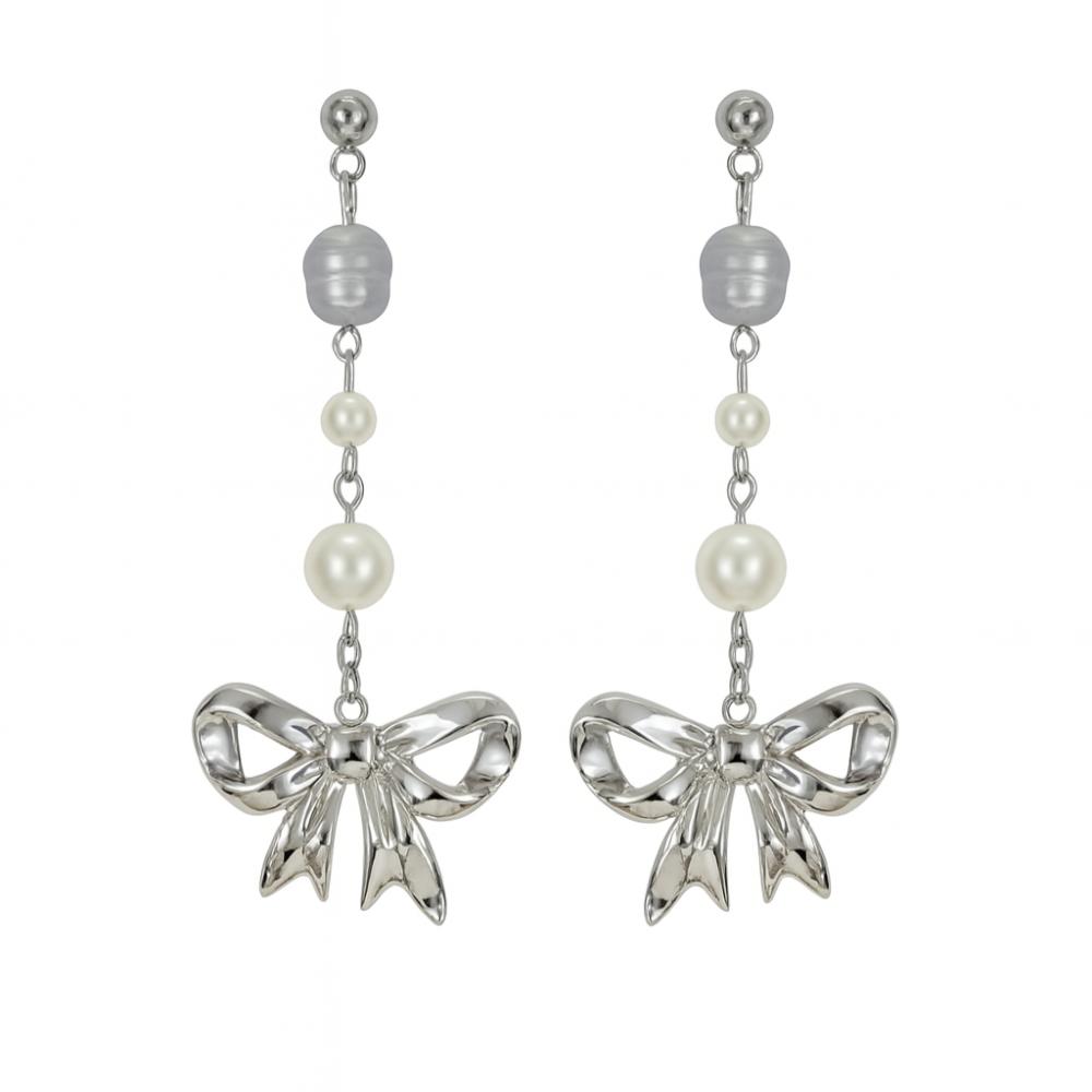 أقراط اللولو طويل مع تشارم الفيونكة | Long pearl earrings with a bowknot charm