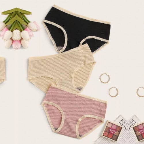 طقم سروال مضلع ومقلم بدانتيل ، 3 قطع