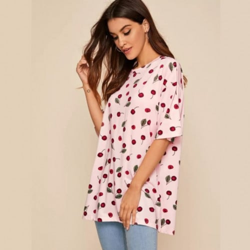 تيشيرت نسائي طويل بطباعة الكرز ، لون وردي
