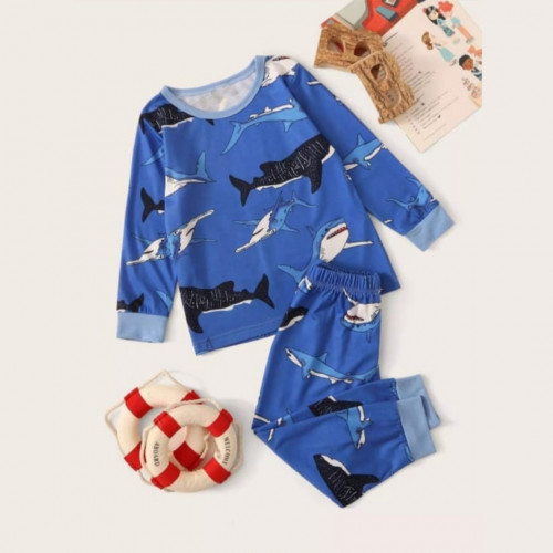 بيجامة ولادي بتصميم الحوت ، قطعتين ، لون أزرق