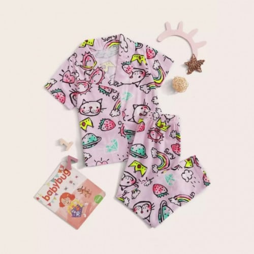 طقم بيجامة بناتي بياقة مسننة ، جرافيك كرتون ، لون وردي