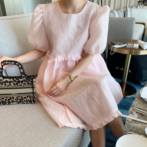 فستان كوري أنيق بناتي بطول الركبة مع أكمام بتصميم الفانوس ، لون وردي