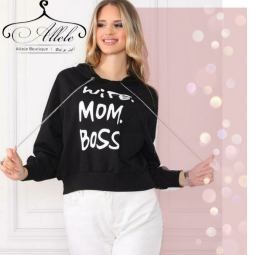 بلوفر نسائي عملي بغطاء الرأس ، تصميم عبارة ، لون أسود