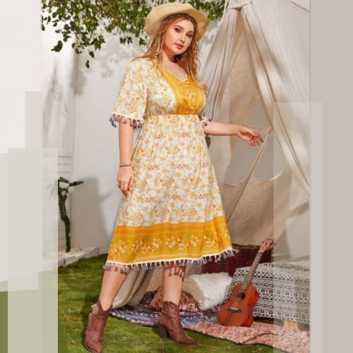 فستان نسائي بخط شكل A مقلم مهدب ومزهر ، مقاس كبير ، بدون حزام ، لون أصفر