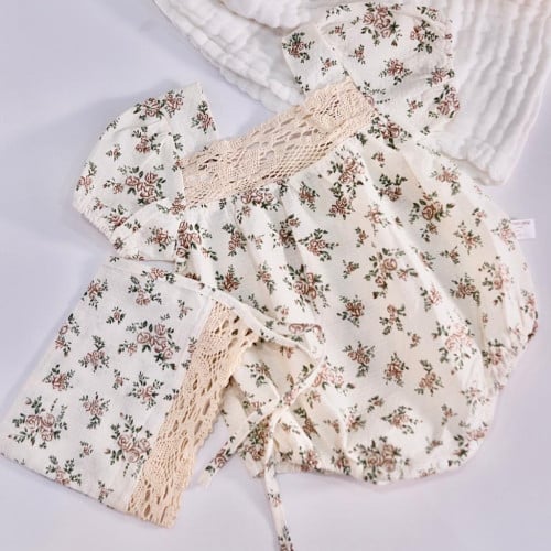 فستان رومبير اسباني انيق مزين بالدانتيل مع قبعة لطيفة قابلة للربط من عمر 3-6 شهور