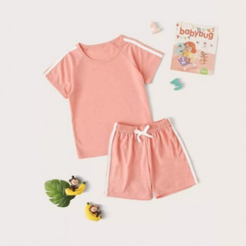 بيجامة بناتي برباط خصر وبشريط متباين ، لون وردي