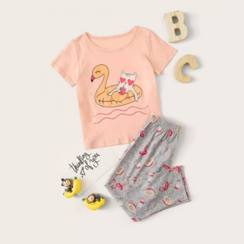 طقم بيجامة بناتي بتصميم جرافيك كرتون ، لون خربزي