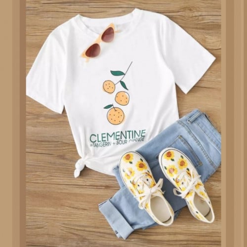 تيشيرت نسائي ، بطباعة عبارة وفاكهة