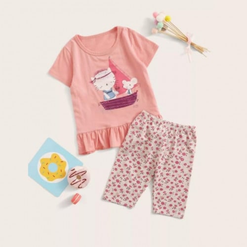 طقم بيجامة بناتي بتصميم جرافيك كارتون وزهر ، لون وردي