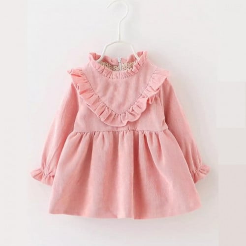 فستان مقلم بكشكش للبنات الصغار ، وردي