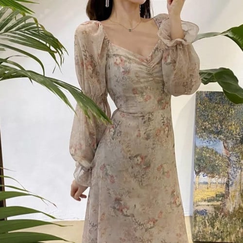 فستان نسائي شيفون مشجر بتصميم اكمام طويلة مقسمة ، متوفر بلونين