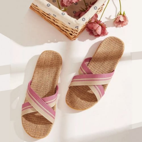 حذاء بشريط متقاطع مخطط ، لون وردي