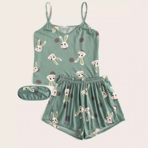 بيجامة شورت مريحة ، بتصميم أرنب مرح ، مع غطاء للعينين