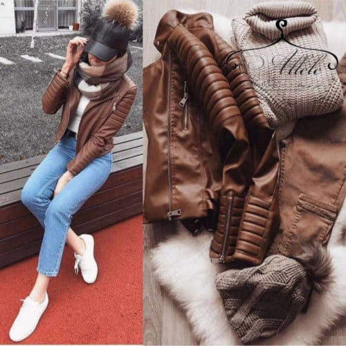 جاكيت جلدي نسائي ، أناقة وجودة عالية ، لون غزالي