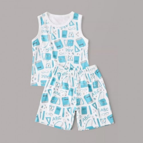 بيجامة ولادي سروال قصير مع لباس علوي بدون أكمام ، لون سماوي