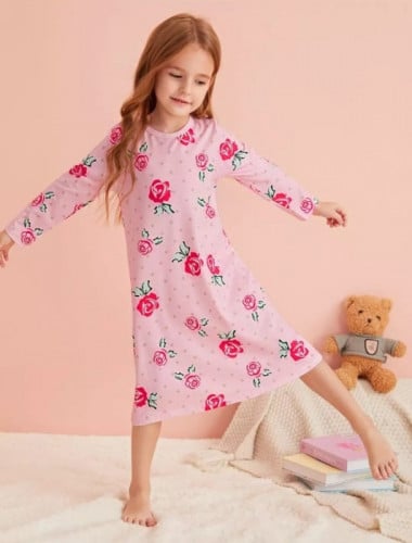 فستان لياي بناتي بنقاط البولكا ونمط الزهور ، لون وردي