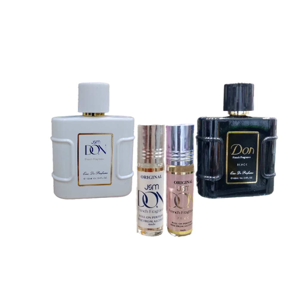 مجموعة عطر دون او دي بارفيوم الأبيض 100مل ورول ابيض 6مل ورول وردي 6مل من JSM + الاسود 100مل من مكة