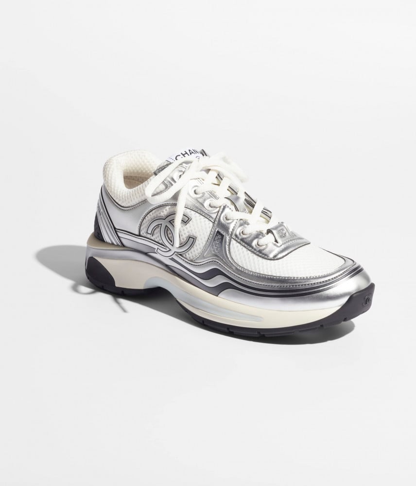 Chanel White & silver Leather And Neoprene CC Low Top Sneakers