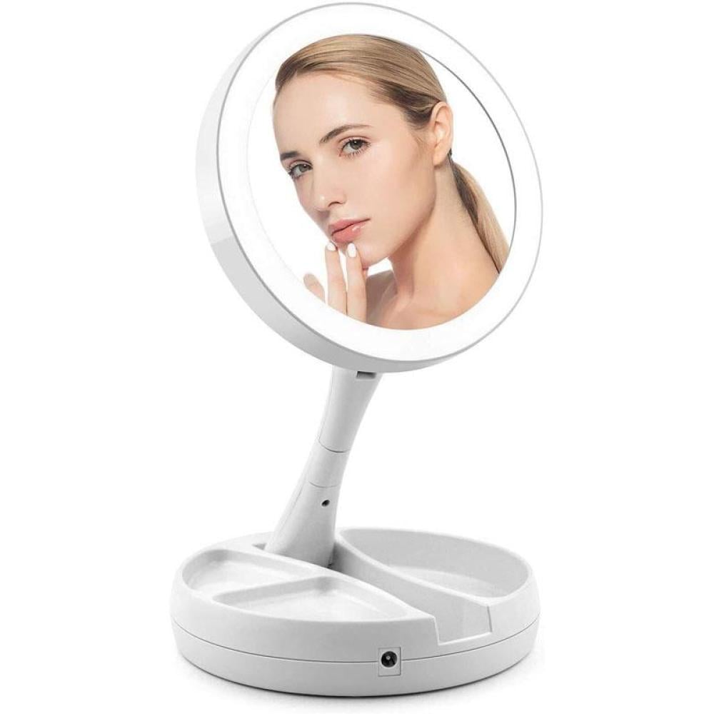 مرآة مكياج LED قابلة للطي بقاعدة تنظيم