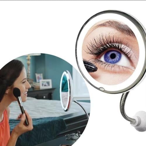 مرآة مكياج مرنة محمولة، تكبير 10x، مع مصباح