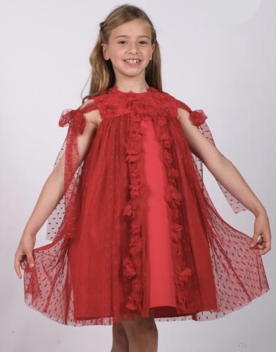 فستان مناسبات مزين بالورود البارزة بربطة على الاكتاف